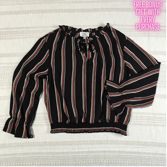 Twine & String Black Brown White Striped Peasant Blouse Size XL NEW - Picture 1 of 8